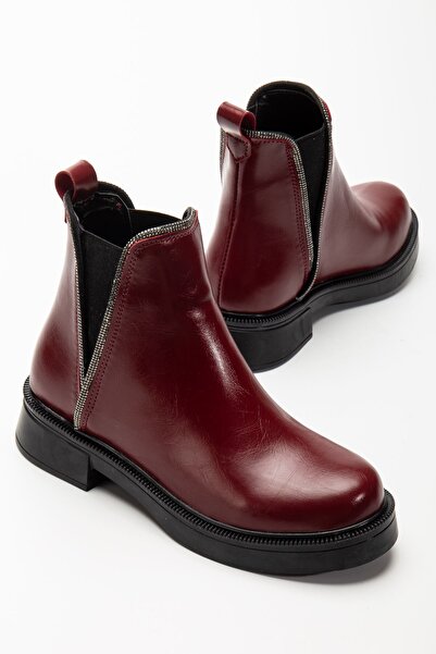 Budi 02-02 Burgundy Wrinkled Patent Leather Elastic Daily Women's Boots with Stone Accessories