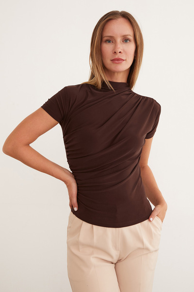 Fulla Moda Draped High Collar Blouse