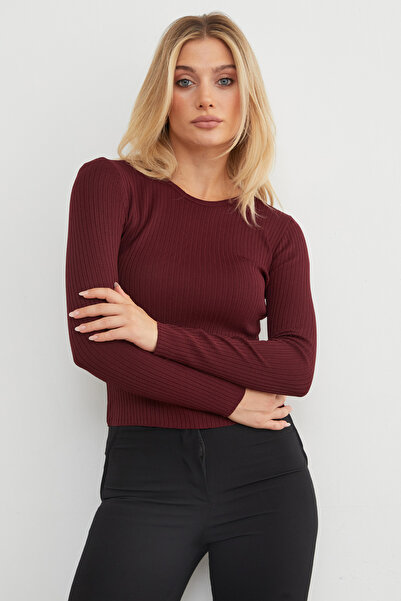 Fulla Moda Corded Fabric Crew Neck Thin Knit Sweater