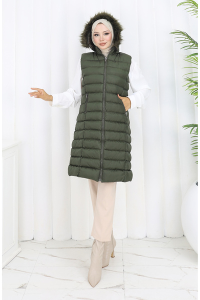 sefamerve Hooded Zippered Puffer Vest 0169A-01 Khaki