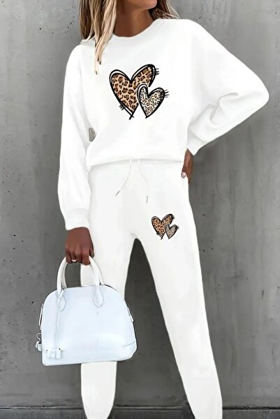 Mossta Heart Patterned Fleece-Lined Three Yarn Blouse Pants Double Suit - White