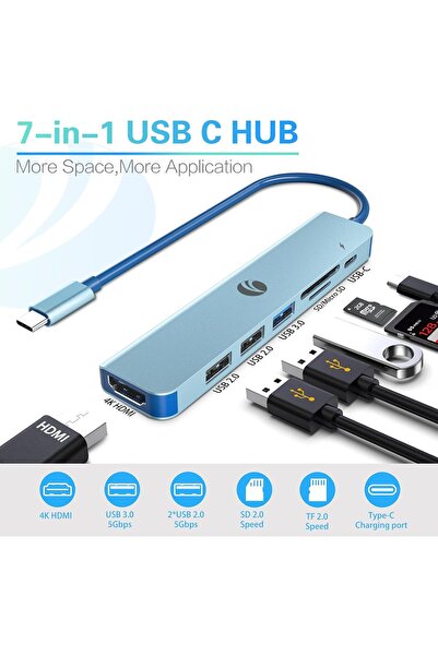 VCOM 7-in-1 USB C Hub Docking Station, 4K@30Hz HDMI, 100W PD, SD/TF, 1xUSB 3.0, 2xUSB 2.0