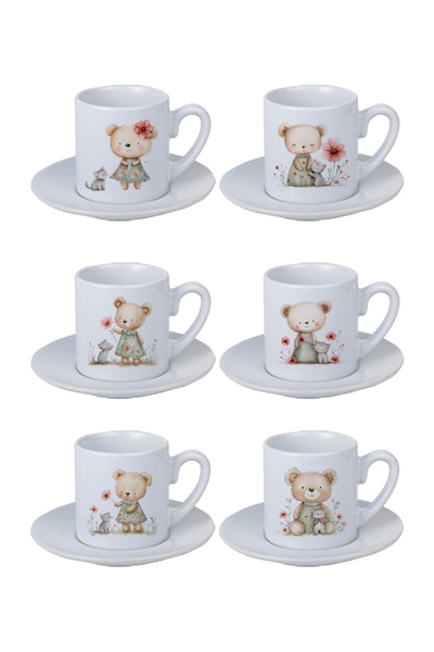 giftkonsept Cute Teddy Bear Printed 6-Piece White Porcelain Turkish Coffee Cup Set