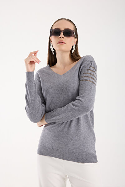 Moda Days Women's Gray Glitter Fabric Detailed V-Neck Knitwear Blouse