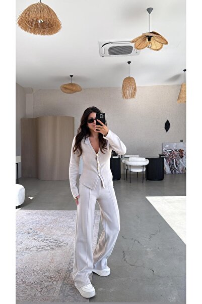 Buket Teke Bézs színű Selanik Triko ZR modell Kardigán nadrág szett