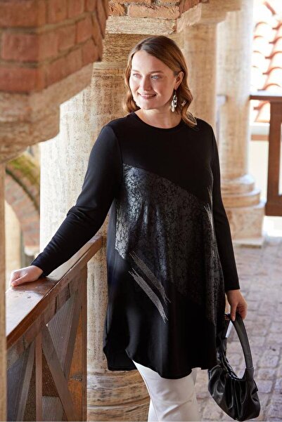 QUAWEAR Crew Neck Varak Printed Stone Detailed Asymmetrical Cut Combed Cotton Fabric Tunic