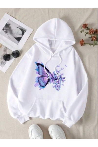 ZEMLİYA Γυναικείο φούτερ με κουκούλα και θερμική επένδυση, με στάμπα πεταλούδ...