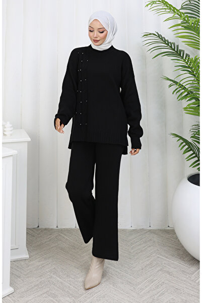 sefamerve Knitwear Stone Detailed Sweater Trousers Two Piece Set 0014-07 Black