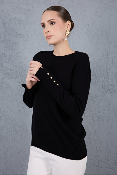 Moda Days Bluză de tricotat guler rotund cu mâneci cu snap negre pentru femei