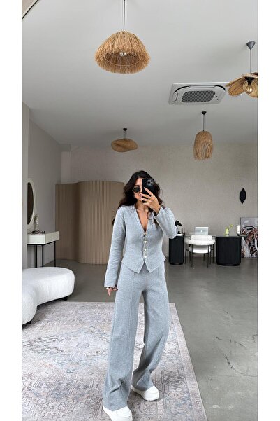 Buket Teke Light Gray Thessaloniki Knitwear Zr Model Cardigan Pants Set