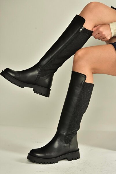 Fox Shoes V555654803 Black Genuine Leather Flat Sole Riding Boots with Elastic Back