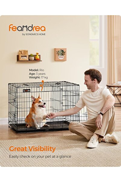 feandrea Cușcă pentru animale de companie, 2 uși, metal pliabil, tavă detașabilă, L, 93x57x64cm, neagră
