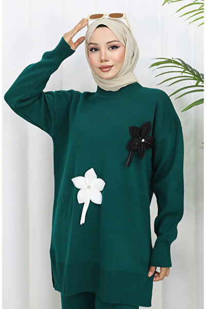 sefamerve Knitwear Floral Tunic Trousers Double Set 1077-07 Petrol