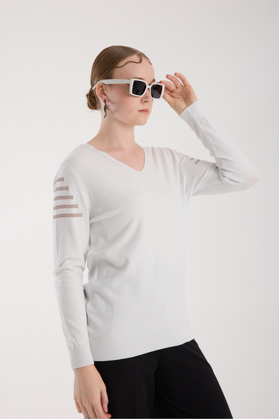 Moda Days Women's White Glitter Fabric Detailed V-Neck Knitwear Blouse