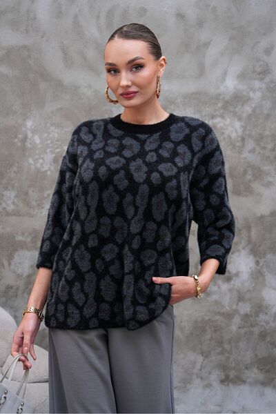 AGORATEKSTİL Women's Poor-Sleeved Crew-Neck Leopard Pattern Wool Sweater Soft and Flexible Texture Oversized