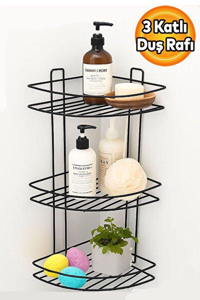 Badem10 Siyah Vidalı 3 Katlı Köşe Şampuanlık Duş Rafı Metal Banyo Organizeri ...