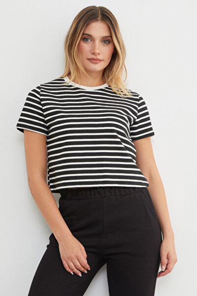 Fulla Moda Striped Crew Neck Transitional Crop T-Shirt