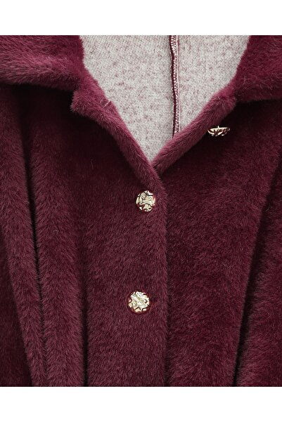 Modamorfo Gold Button Detail Belted Alcantara Poncho - Burgundy
