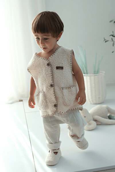 Mumenim Plush Textured Cotton Unisex Baby Beige Vest |   Warm, Buttoned Casual & Stylish Winter Children's Vest