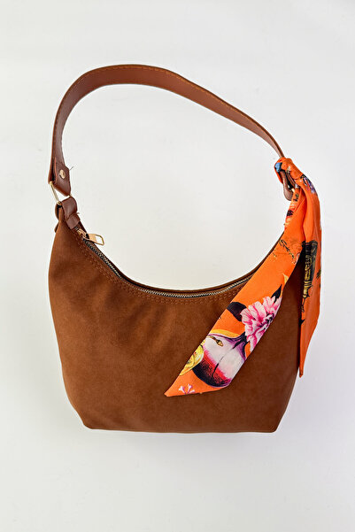 Cappmoda ÇNT-3039 Taba Süet Fular Detaylı Fermuarlı Omuz Çantası