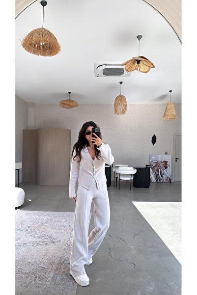 Buket Teke Bézs színű Selanik Triko ZR modell Kardigán nadrág szett