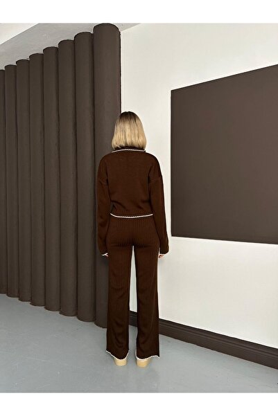 MODAMERSİ Women's Brown Polo Neck Scarf with Shepherd Stitch Sweater Pants Knitwear Set