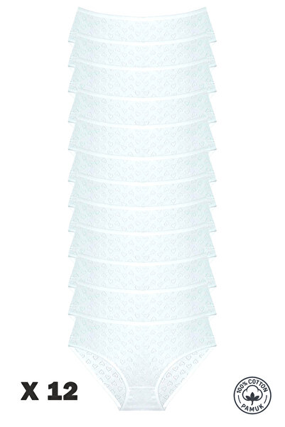 Altınay Luxury Jacquard 100% Cotton 12-Piece Women's White Bato Panties - Turkish Cotton Panties Jak1