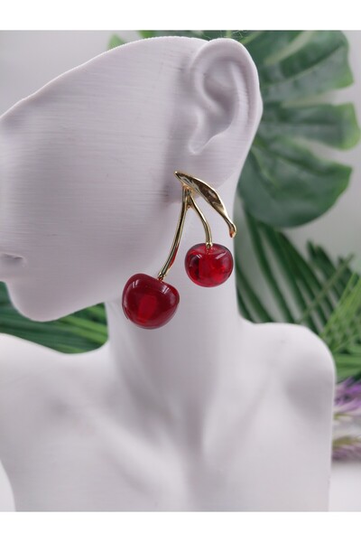 Yaseminli Butik Gold Color Red Cherry Earrings