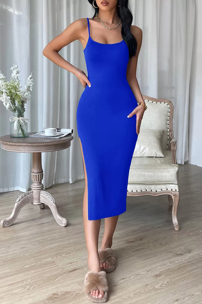 CATHECAT Rochie albastră cu fantă care îmbrățișează corpul sub genunchi