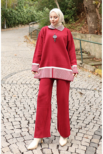 sefamerve Knitwear Stripe Detailed Tunic Trousers Double Set 1066-04 Claret Red