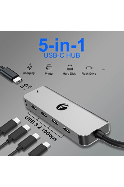 VCOM 10Gbps USB C Hub - 5-Port USB-C Splitter with 100W Power (Gray)