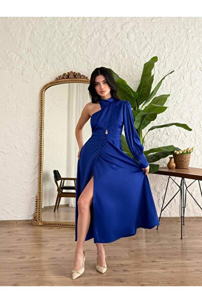 Coral Omuzdan Düğmeli Saten Elbise 11607 Sax Mavi
