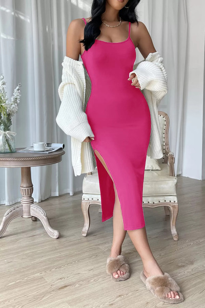 Zikuv Giyim ve Moda Tasarım Pembei Slit Hem Knee-Length Bodycon Dress