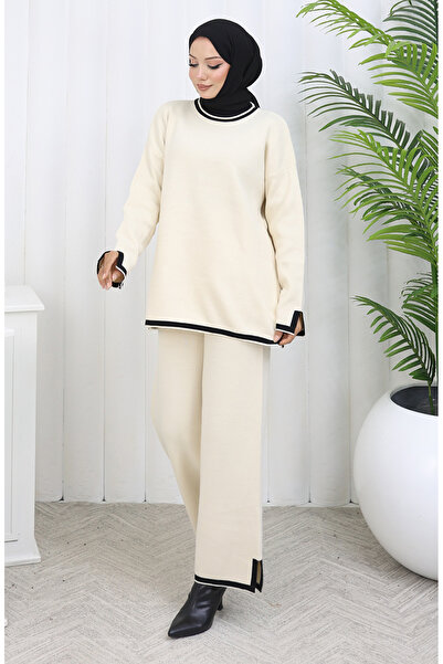sefamerve Beige knitwear slit detailed sweater pants double set 0011-07