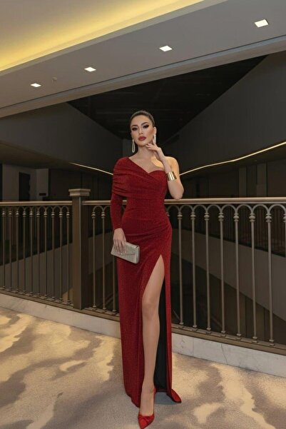 Modafeminen One Shoulder Slit Flowers Fabric Long Sleeve Dress Red 583360