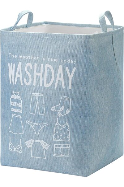 Lawazim Printed Letter Round Laundry Basket, 40×50 cm, Light Blue (K10343)