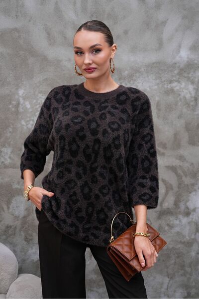 AGORATEKSTİL Women's Poor-Sleeved Crew-Neck Leopard Pattern Wool Sweater Soft and Flexible Texture Oversized