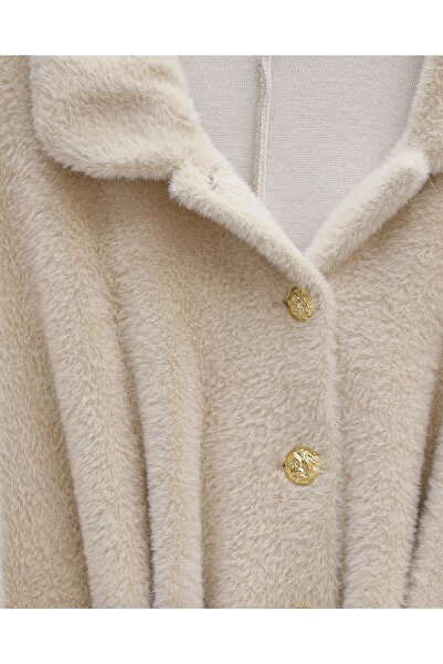 Modamorfo Gold Button Detail Belted Alcantara Poncho -Beige