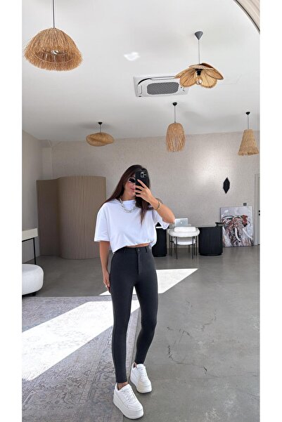 Buket Teke Anthracite Matte Buttoned Steel Leggings Trousers