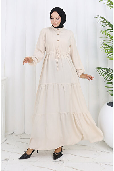 sefamerve Viscose Fabric Half Button Dress 0085-19 Beige