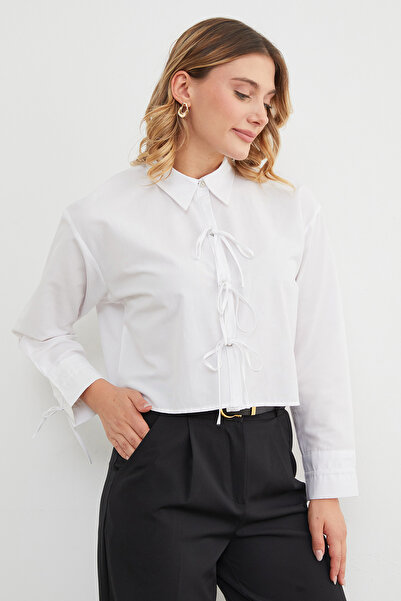 Fulla Moda Buttoned Crop Shirt with Tie Front
