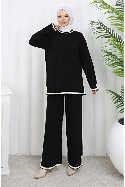 sefamerve Knitwear Slit Detailed Sweater Trousers Two-Piece Set 0011-04 Black