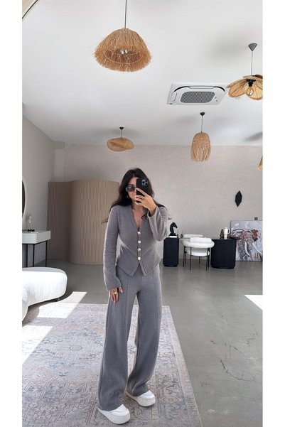 Buket Teke Taupe Brioche Knit ZR Model Cardigan Trousers Set