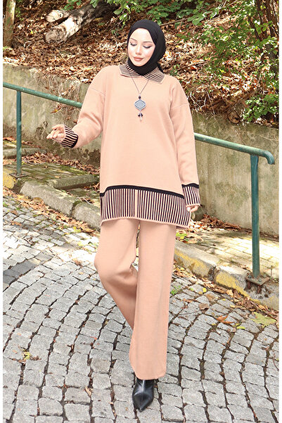 sefamerve Knitwear Stripe Detailed Tunic Trousers Double Set 1066-07 Milky Coffee
