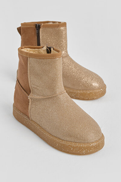 Tonny Black Kız Çocuk Taba Simli Termo Taban Süet Görünümlü İçi Kürklü Kısa Bot