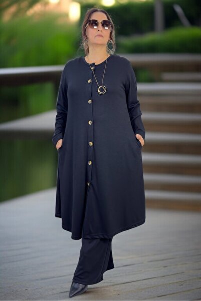 yagmurberen Church Cut Pocket Buttoned Cap Waist Elasticized Pants Plus Size Women's Suit