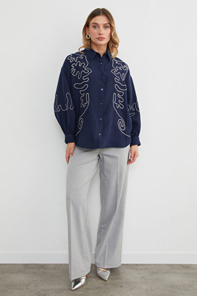 Fulla Moda Geometric Embroidered Loose Shirt