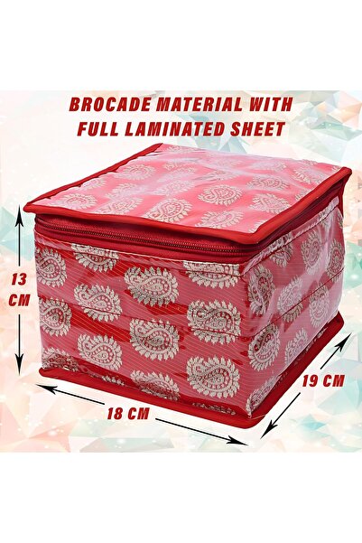 Generic Brocade Jewelry Organizer Set with 10 Pouches - Waterproof Outer, Zipper Closure, 19×18×13 cm (Red