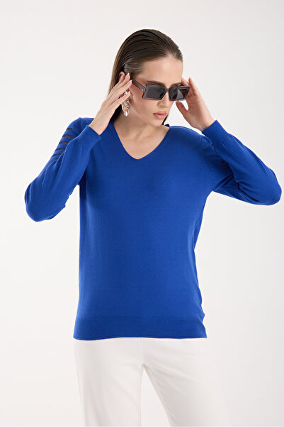 Clothes Fast Women's Cobalt Blue Silvery Fabric Detailed V-Neck Knitwear Blouse
