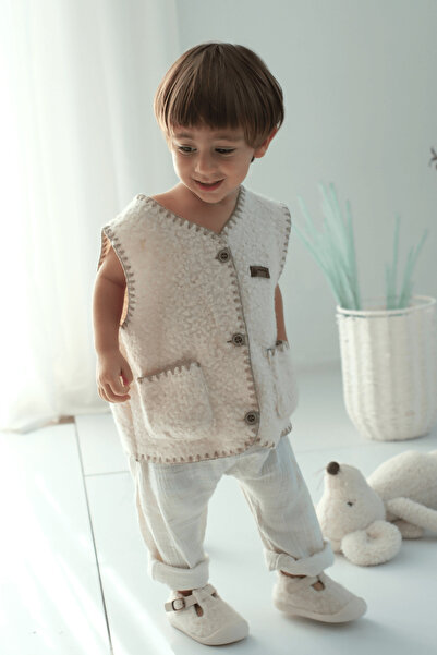 Mumenim Plush Textured Cotton Unisex Baby Beige Vest |   Warm, Buttoned Casual & Stylish Winter Children's Vest